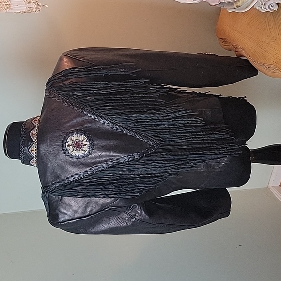 Vintage Beaded, fringe, Western black leather jacket - Picture 2 of 13